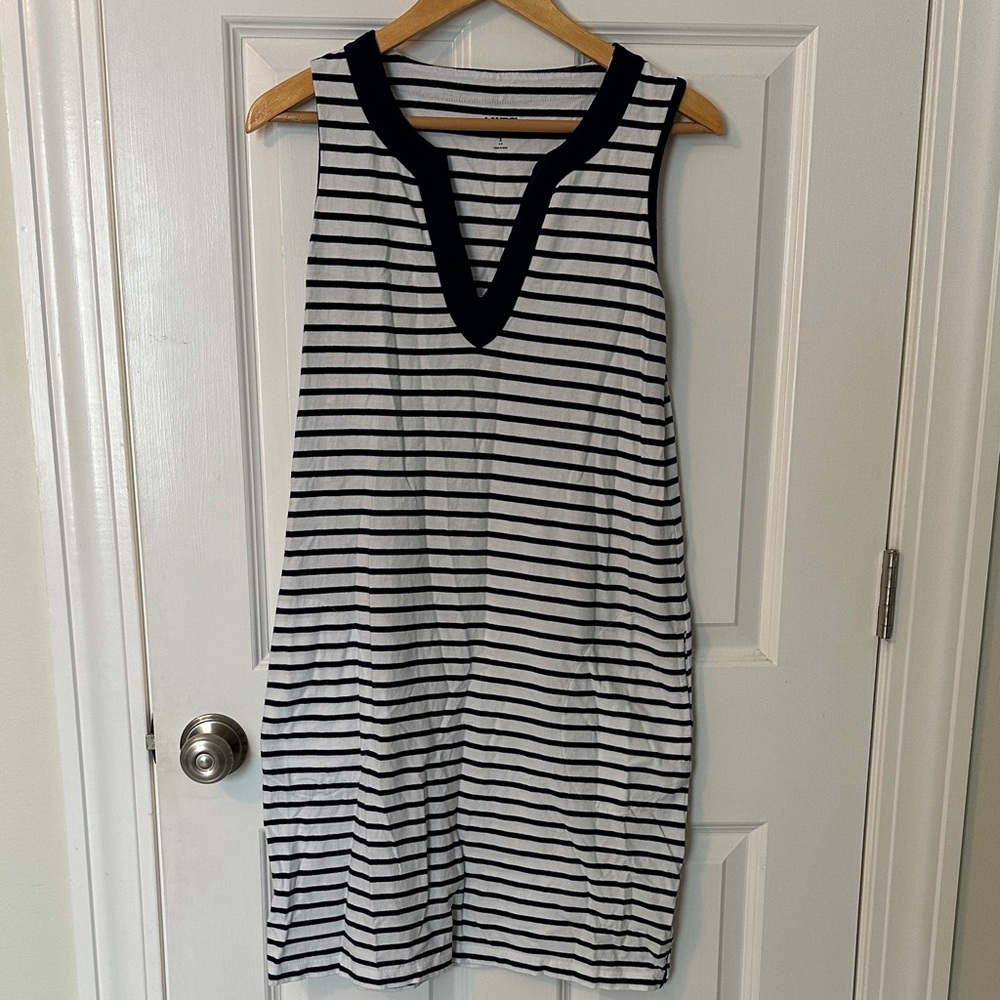 Lands' End Navy and White Striped Swim Cover-Up Dress with Pockets Size S